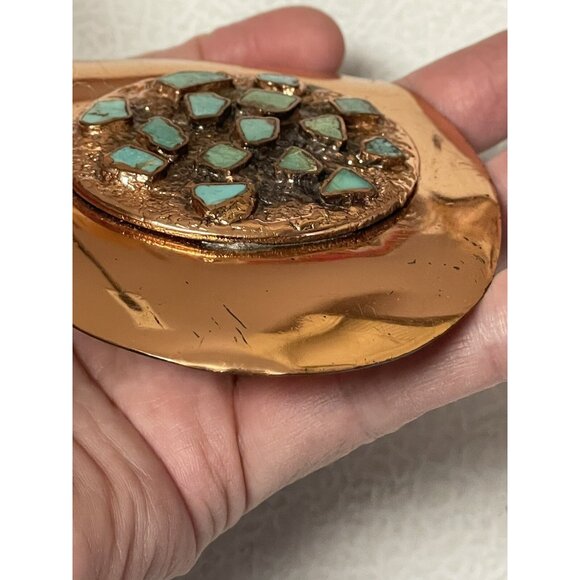 Vintage Belt Buckle Solid Copper Turquoise Inlay Nickel Silver Bell - Picture 11 of 16